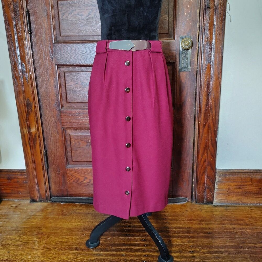 Burgundy Pleated VTG Librarian Core Button Down Midi Skirt/T734